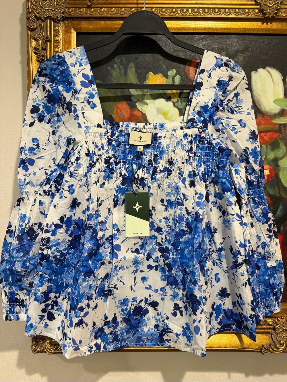 Tuckernuck Blue and White Floral Smocked Square-Neck Blouse oversized